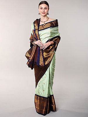 Lime-Green Pure Silk Graph Checks Saree with Zari woven Contrast Pallu and Temple Border from Bangalore