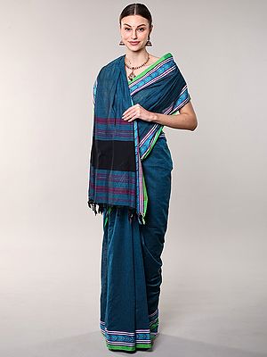 Colonial-Blue Cotton Saree from Bengal with Stripes woven Border and Pallu