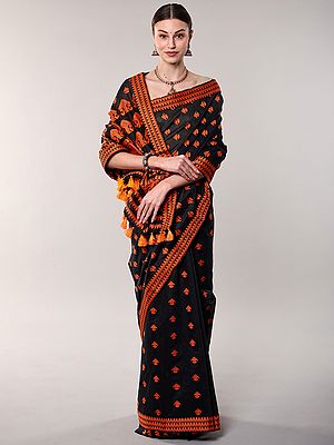 Bristol-Black Saree with Contrast Thread Woven Motifs and Tassles Pallu from Assam