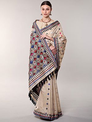Summer-Sand Pure Cotton Saree from Aasam with Woven Bootis All-Over and Elephant-Bird Pallu