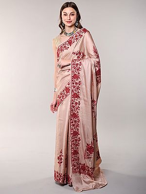 Pink-Tint Saree with Aari Embroidered Floral Border and Pallu from Kashmir