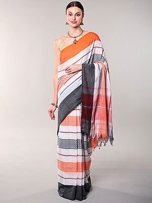 Snow-White Cotton Saree with Woven Dimond Patterns and Multi Stripes from Aasam