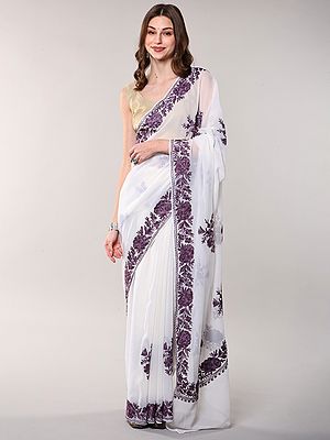 Star-White Kashmiri Saree with Aari Embroidered Flowers Border and Anchal