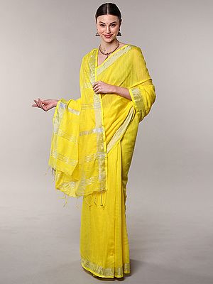Empire-Yellow Cotton Saree from Bengal with Silver Zari Thread woven Border and Stripe Pallu