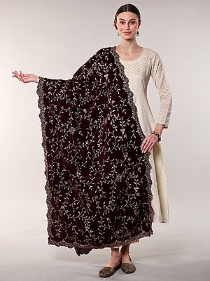 Maroon-Banner Velvet Dupatta with Zari Embroidered Floral Leaves Vine and Scalloped Border