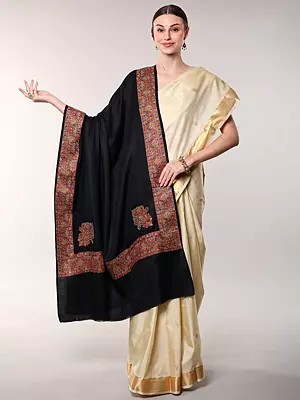 Wool Shawl with Floral Embroidered Border and Paisley on Corners from Amritsar