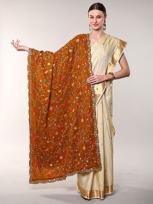 Velvet Dupatta with Zari-Sequins Embroidered Floral Vines and Scalloped Border from Amritsar