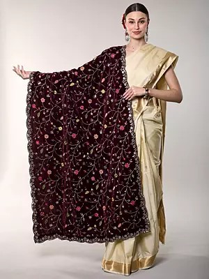 Velvet Dupatta with Zari-Sequins Embroidered Floral Vines and Scalloped Border from Amritsar