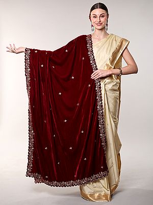 Velvet Dupatta from Punjab with Zari-Beads Embroidered Bootis and Floral Vine Scalloped Border