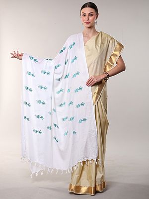 Bright-White Hindu Prayer Shawl with Embroidered Om and Trishul
