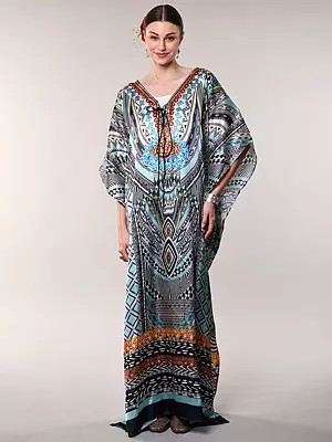 Cooling-Oasis Printed Long Kaftan with Stone work on Neck