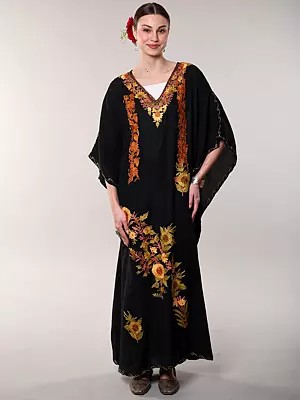 Jet-Black Crushed Kashmiri Long Kaftan with Floral Aari Embroidery