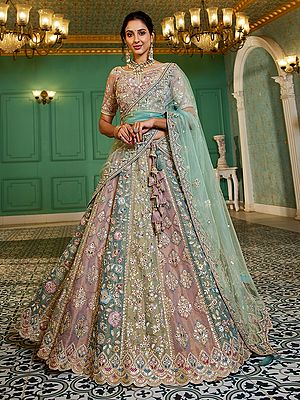 Pastel Net Lehenga Choli With Heavy Gota Patti And Moti Embroidery For Bridal Wedding And Engagement Wear Set