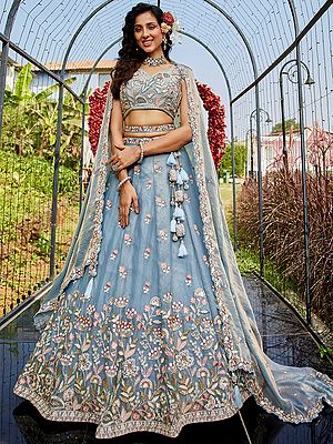 Elegant Tissue Net Lehenga Choli With Heavy Sequin And Thread Embroidery For Bridal And Engagement Wear