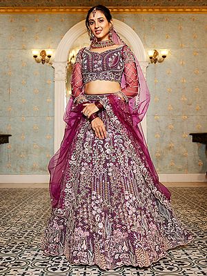 Luxurious Bridal Net Lehenga Set With Heavy Coding And Zarkan Embroidery Work For Wedding Ceremonies And Parties