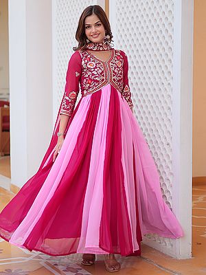 Elegant Faux Georgette Gown With Dupatta Featuring Heavy Sequence Thread Embroidery Work For Wedding Parties