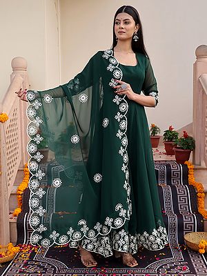 Regal Georgette Anarkali Suit With Matching Dupatta And Crepe Bottom Adorned With Intricate Ribbon Embroidery Work