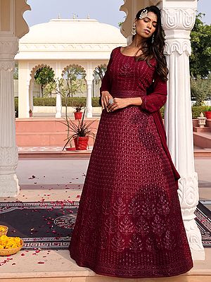 Regal Georgette Anarkali Suit With Dupatta And Crepe Bottom Adorned With All Over Sequence And Embroidery Work