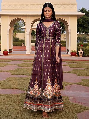 Elegant Satin Anarkali Suit With Nazneen Dupatta And Crepe Bottom Accentuated By All Over Foil Work For Wedding