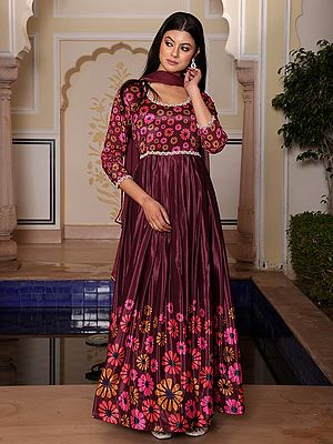 Vibrant Chinon Silk Anarkali Suit With Nazneen Dupatta And Crepe Bottom Showcasing All Over Floral Print For Wedding