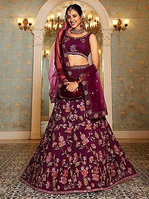 Floral Cording Zarkan Embroidery Net Lehenga Choli Dupatta Set Bridal Wedding Designer Ethnic Party Festive Wear