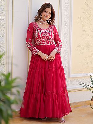 Tiered Faux Georgette Sequins Embroidered Gown Ethnic Wedding Festive Party Wear Designer Long Dress
