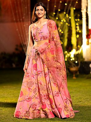 Exquisite Heavy Airtex Chinon Fabric Lehenga Choli Set With Flowing Dupatta In Stunning Pink Floral Heavy Digital Print