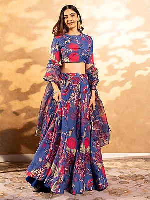 Stunning Heavy Airtex Chinon Lehenga Choli With Dupatta Featuring Blue Purple Floral Heavy Digital Print