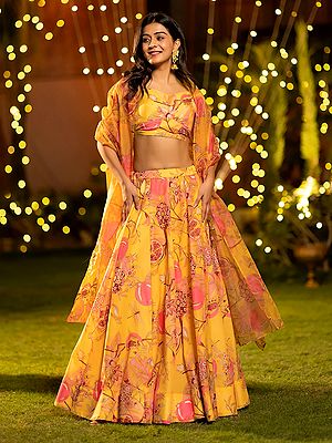 Beautiful Heavy Airtex Chinon Lehenga Choli With Dupatta In Stunning Yellow Pink Floral Heavy Digital Print Design