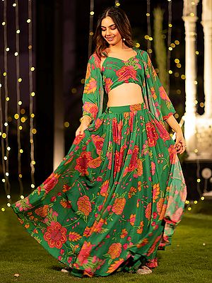 Stylish Heavy Airtex Chinon Lehenga Choli And Shrug Ensemble In Green Pink Floral Heavy Digital Print Motif