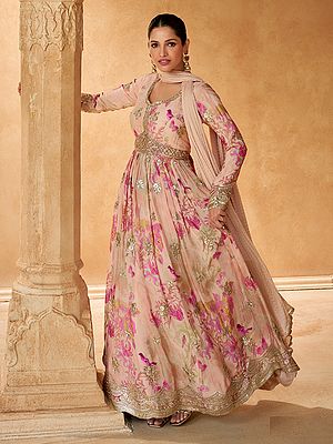 Luxurious Chinon Fabric Gown With Flowing Nazmeen Dupatta Showcasing Heavy Embroidered Detailing