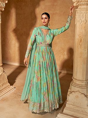 Elegant Chinon Fabric Floor Length Gown Paired With Nazmeen Dupatta In Heavy Embroidered Work