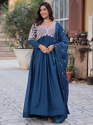 Elegant Floor Length Star Georgette Gown Paired With Matching Dupatta Showcasing Heavy Sequins Embroidered Detailing