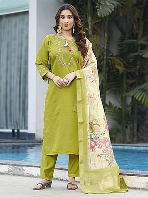 Viscose Silk Kurti With Matching Pant And Maslin Silk Dupatta Showcasing Multi Embroidery Thread Work With Hand Crafted Detailing