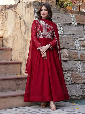 Elegant Faux Blooming Gown Paired With Matching Dupatta Luxurious Sequins Multi And Beads Embroidered Detailing