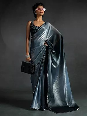 Luxurious Fendi Satin Silk Saree With Elaborate Heavy Hand Work Black Zircon Border And Flexible Multiple Hooks Design