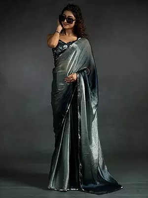 Premium Fendi Satin Silk Two Ton Shaded Saree Adorned With Heavy Hand Work Black Zircon Border Flexible Multiple Hooks
