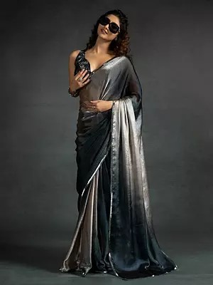 Stunning Fendi Satin Silk Two Ton Shaded Saree With Heavy Hand Work Black Zircon Border And Flexible Multiple Hooks