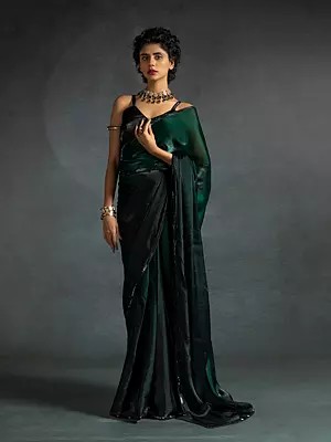 Fendi Satin Silk Two Ton Shaded Saree With Heavy Hand Work Black Zircon Border And Flexible Multiple Hooks