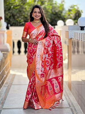 Soft Banarasi Silk Saree With Zari Weaving Meenakari Design Rich Pallu And Intricate Traditional Craftsmanship