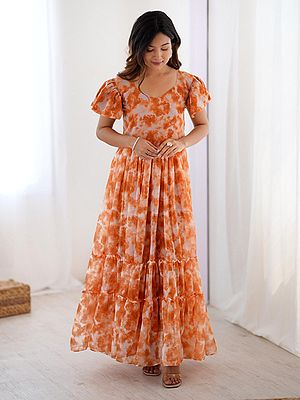 All Over Printed Faux Georgette Gown Double Frill Patterns Floral Design Ethnic Party Casual Festive Modern Wear
