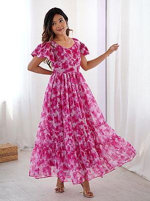 All Over Printed Faux Georgette Gown Double Frill Patterns Floral Design Ethnic Party Casual Festive Modern Wear