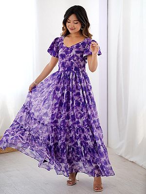 All Over Printed Faux Georgette Gown Double Frill Patterns Floral Design Ethnic Party Casual Festive Modern Wear