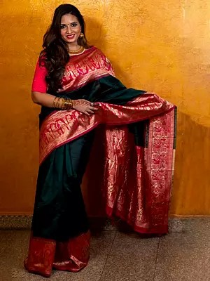 Captivating Soft Lichi Silk Saree Rich Pallu Jacquard Work Green Maroon Accent Ethnic Festive Party Wear