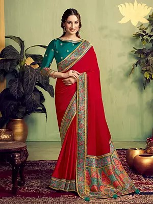 Elegant Zari Rangkat Woven Kora Satin Saree With Exquisite Beads Embroidery Work For Bridal Party Wear
