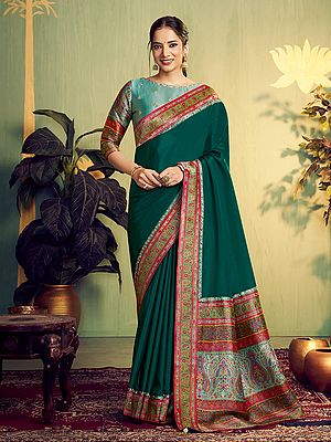 Handwoven Banarasi Rangkat Natural Silk Saree With Intricate Beads Sequence And Zari Embroidery Work
