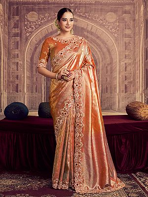 Royal Kanjivaram Pure Zari Silk Saree With Dual Sequence Beads Embroidery And Ornate Handcrafted Border