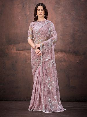 Jimmy Choo Mono Net Sequins Beads Applique Embellished Designer Partywear Saree For Wedding And Reception Functions