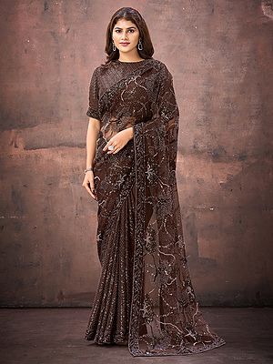 Jimmy Choo Mono Net Saree With Beads Dual Sequins Embellishment Designer Partywear For Wedding Reception