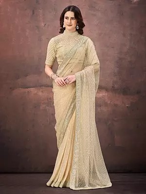 Crush Satin Mononet Saree With Beads Dual Sequins Embellishment Designer Partywear For Wedding Reception